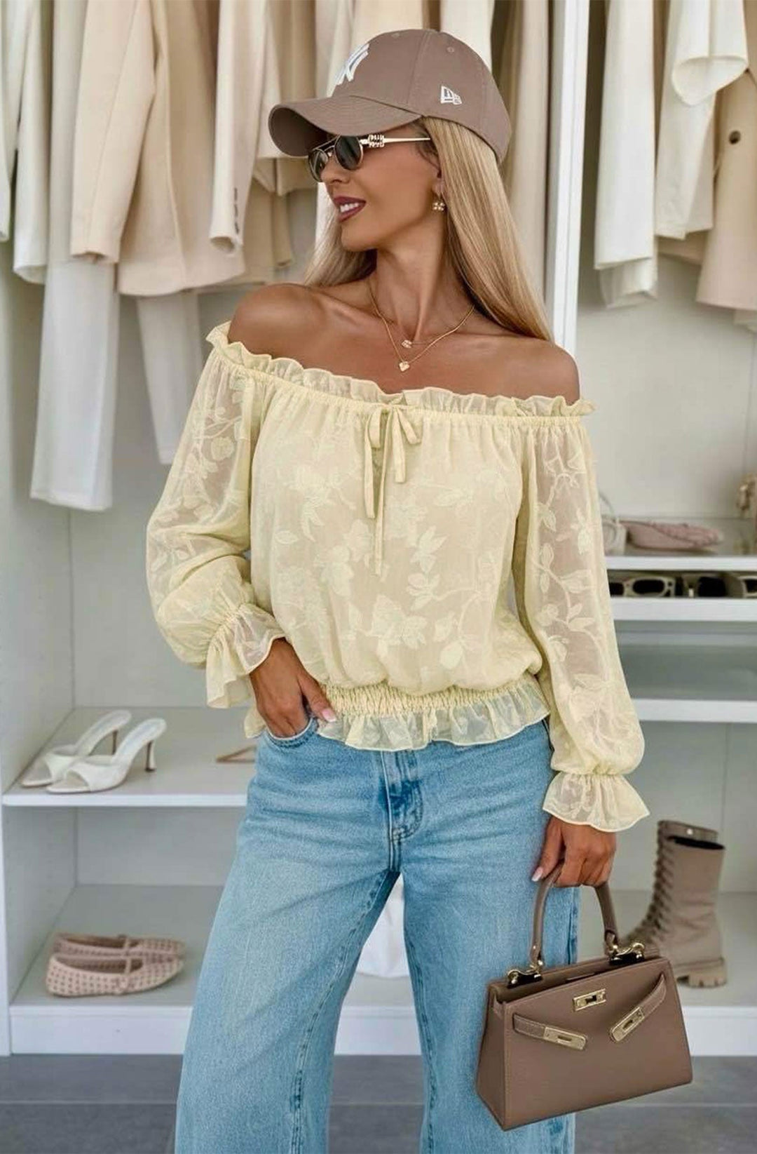 Soleil Floral Textured Bardot Off Shoulder Blouse Top-Yellow