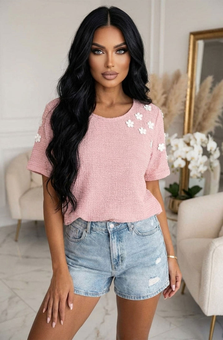 Sonia Textured Daisy Appliqué Pearl Detail Short Sleeve T-Shirt Top-Dusty Pink