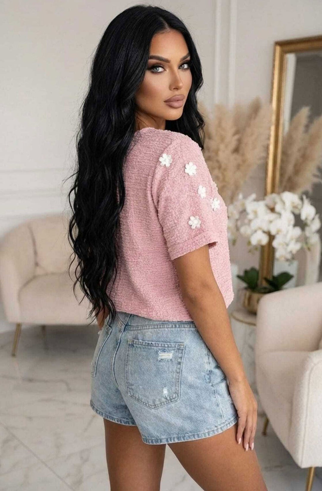 Sonia Textured Daisy Appliqué Pearl Detail Short Sleeve T-Shirt Top-Dusty Pink