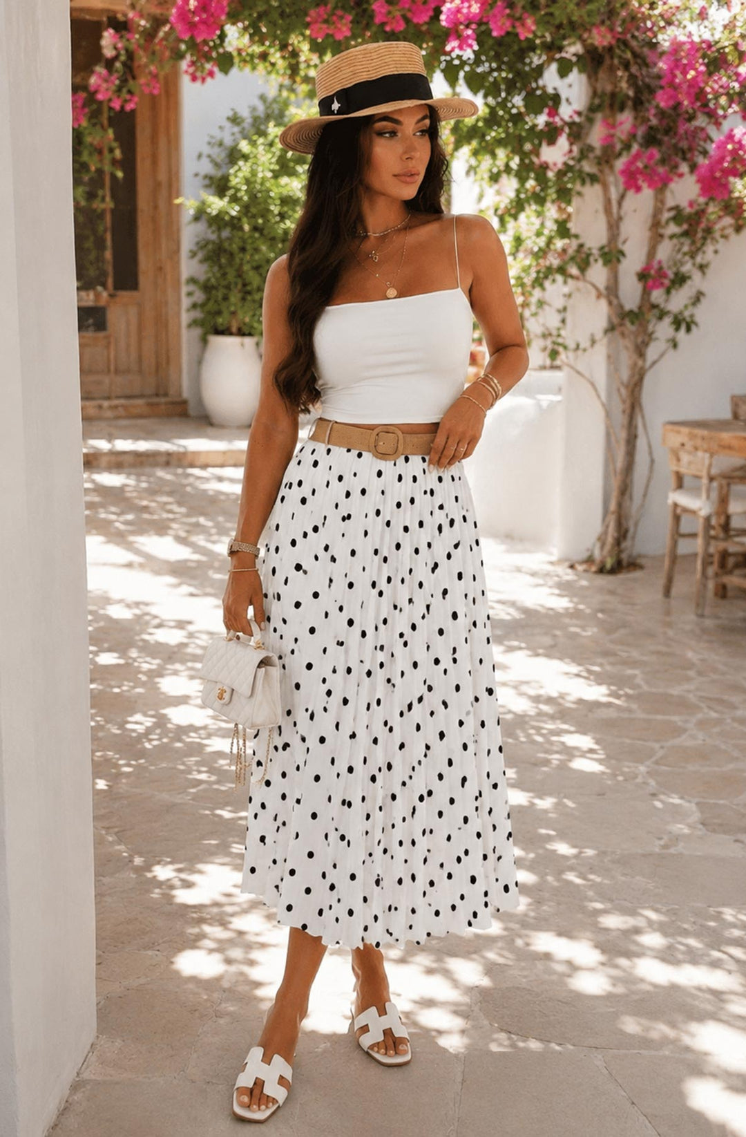 Soraya Belted Polka Dot Pleated Midaxi Skirt-Ivory