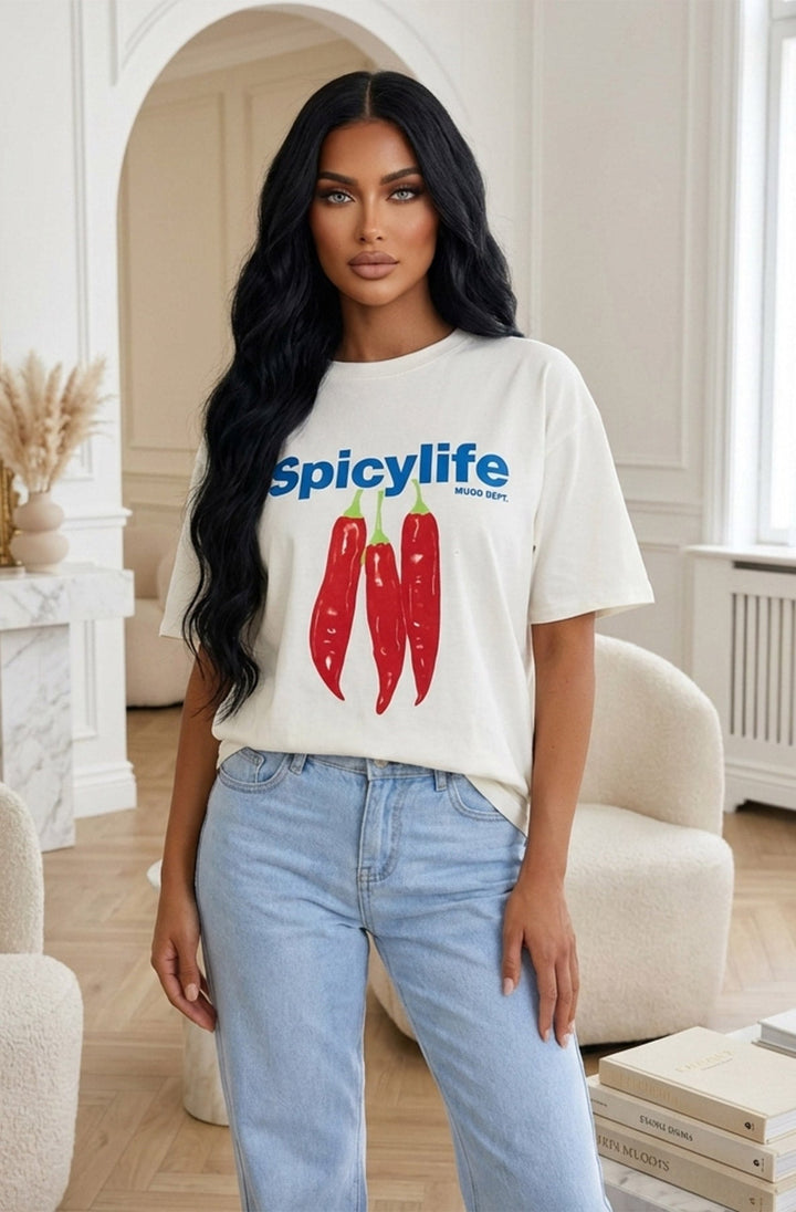 'Spicy Life' Oversized Front Graphic Print T-Shirt-Ivory