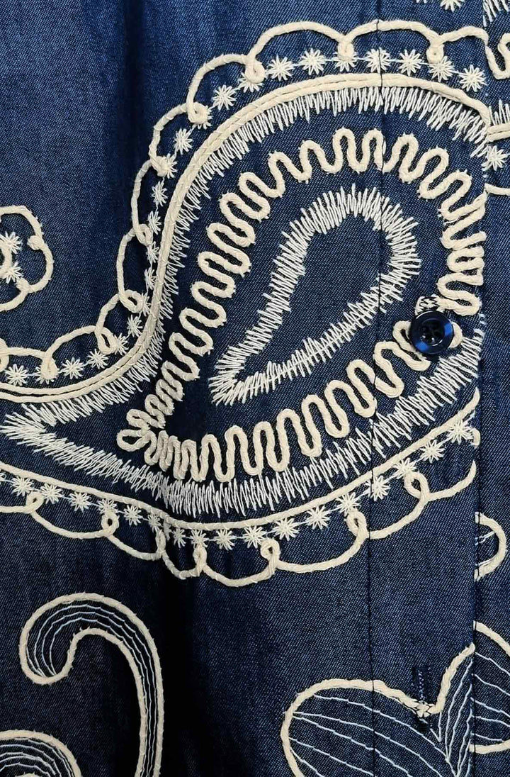 Surella Paisley Embroidered Button-Up Long Sleeve Shirt Top-Dark Blue
