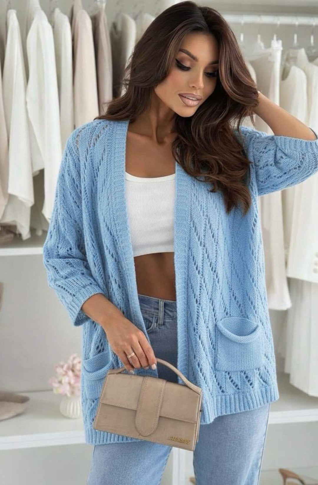 Tavi Crochet Openwork Pocket Cardigan