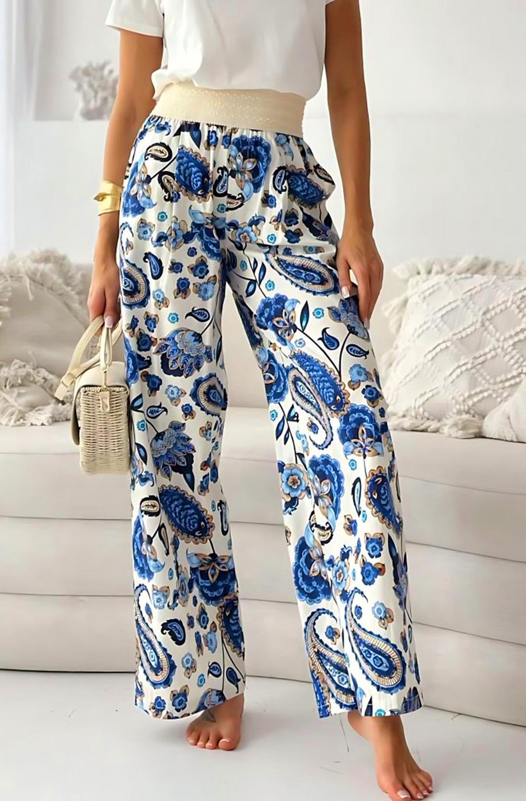 Taya Paisley Wide Leg Palazzo Trousers-Blue