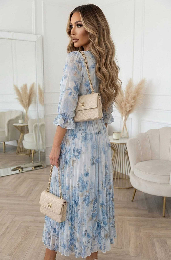 Teodora Rose Floral Pleated Belted Chiffon Maxi Dress