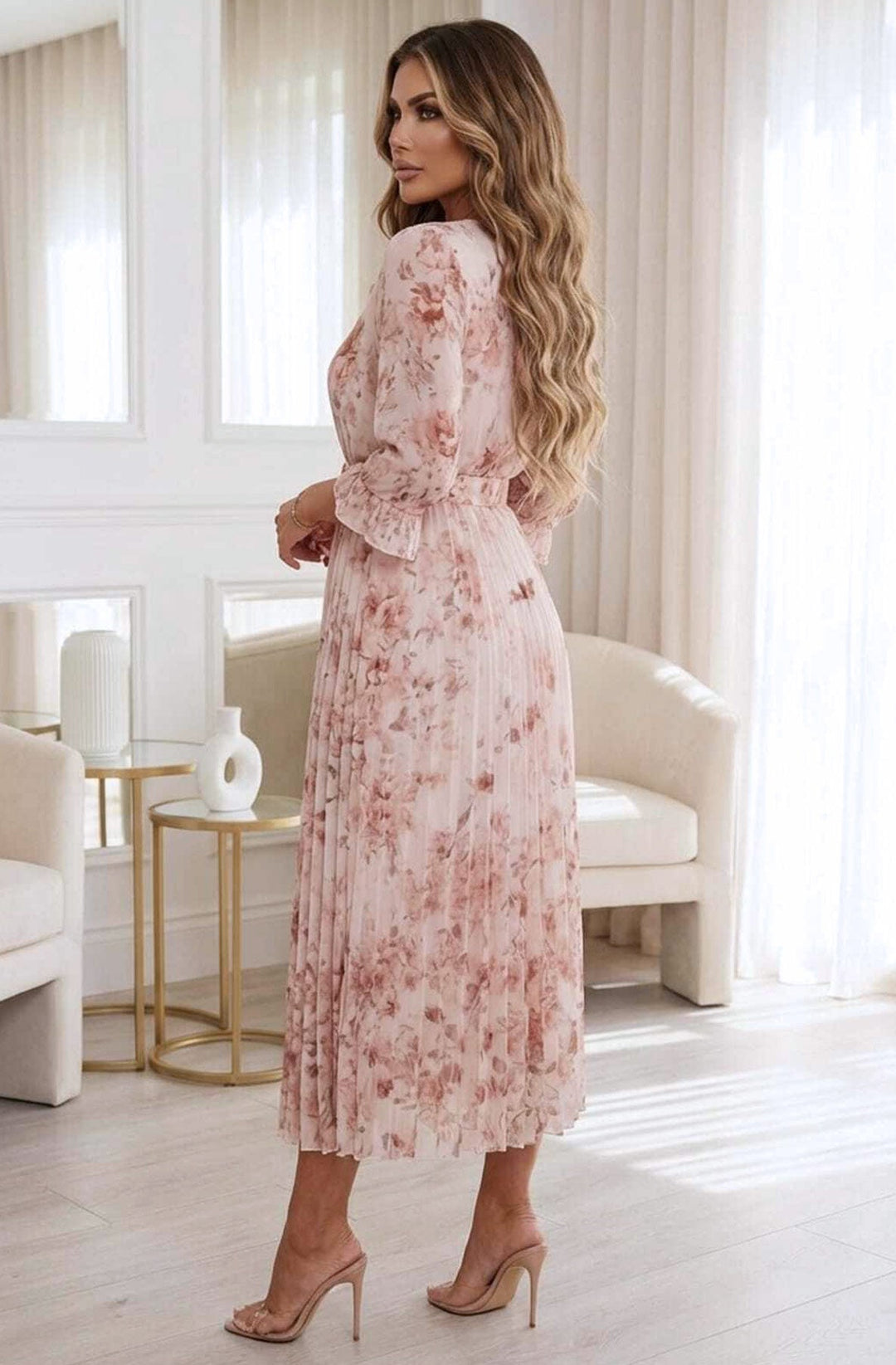 Teodora Rose Floral Pleated Belted Chiffon Maxi Dress