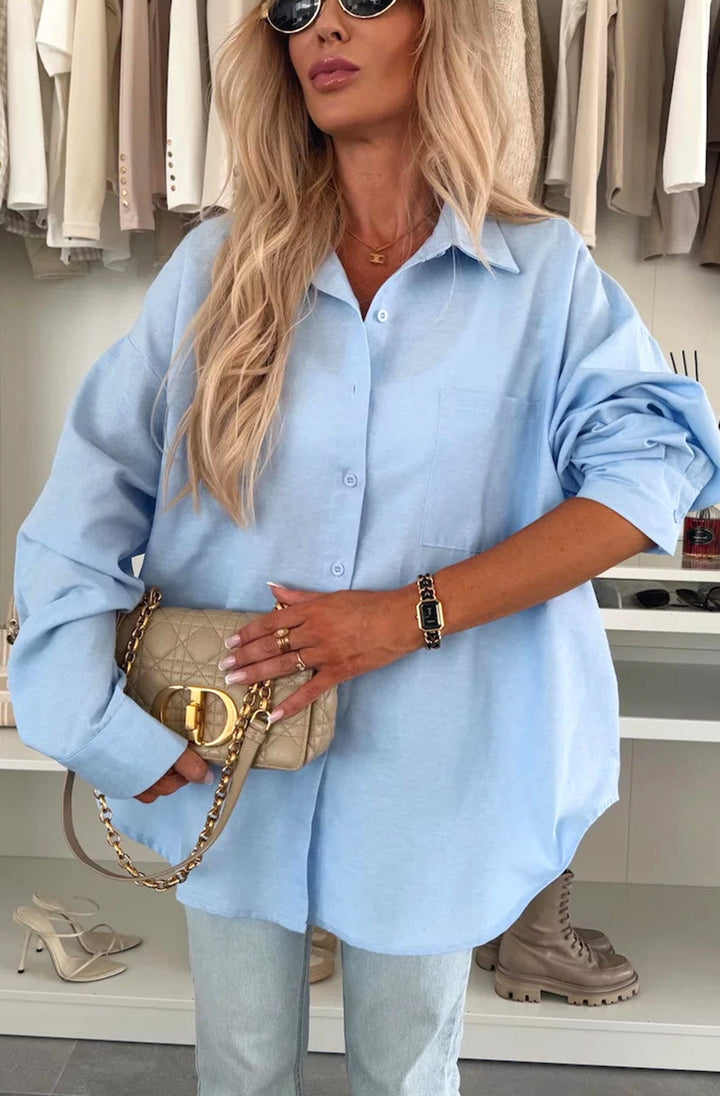 Thea Oversized Blouse Shirt Top-Blue