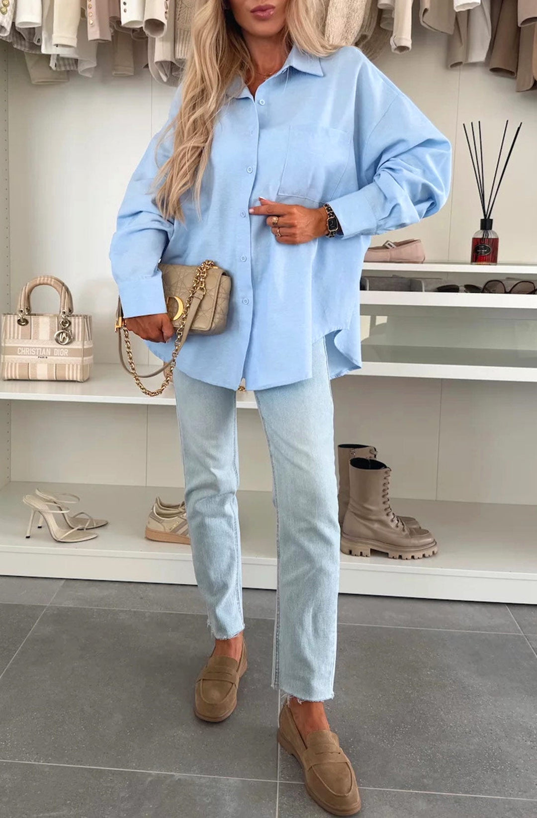 Thea Oversized Blouse Shirt Top-Blue