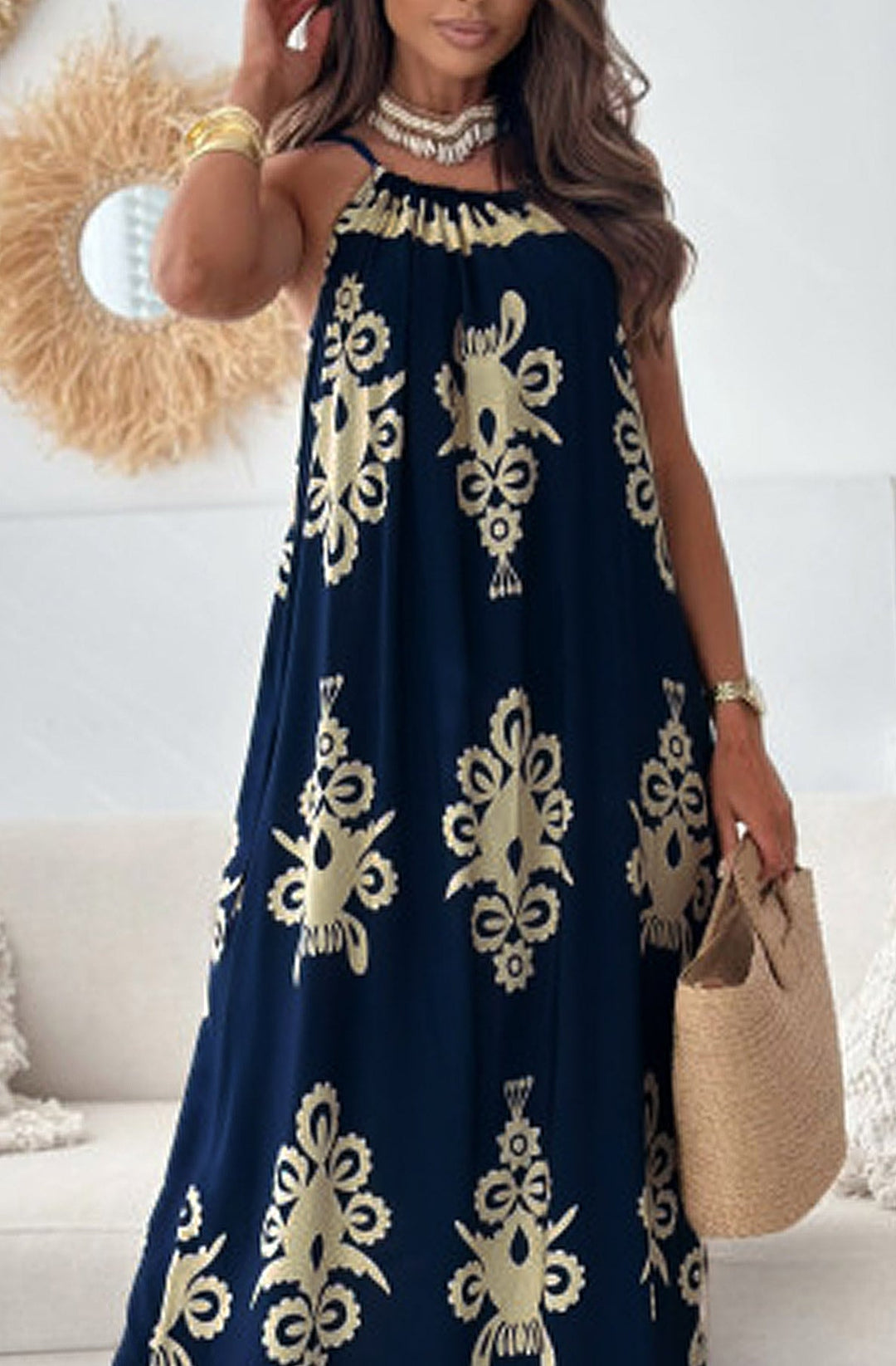 Tina Abstract Patterned Maxi Dress-Navy