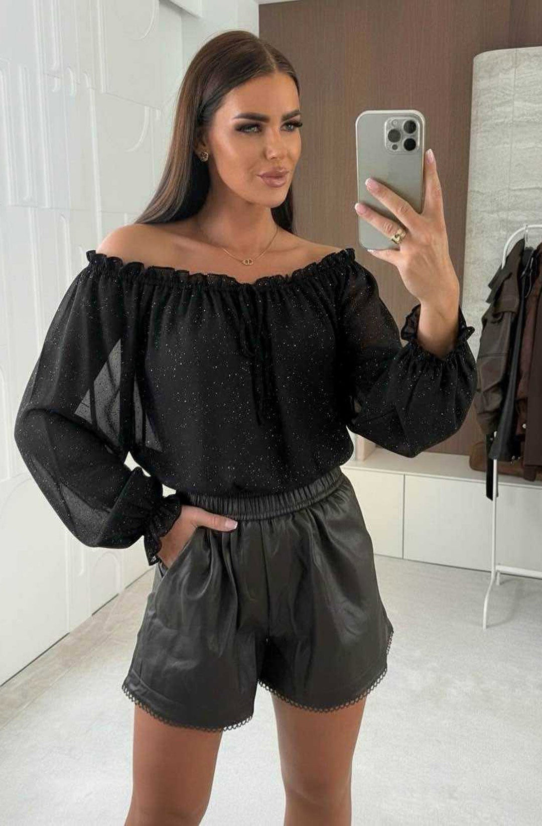 Tova Shimmer Off Shoulder Chiffon Blouse Top
