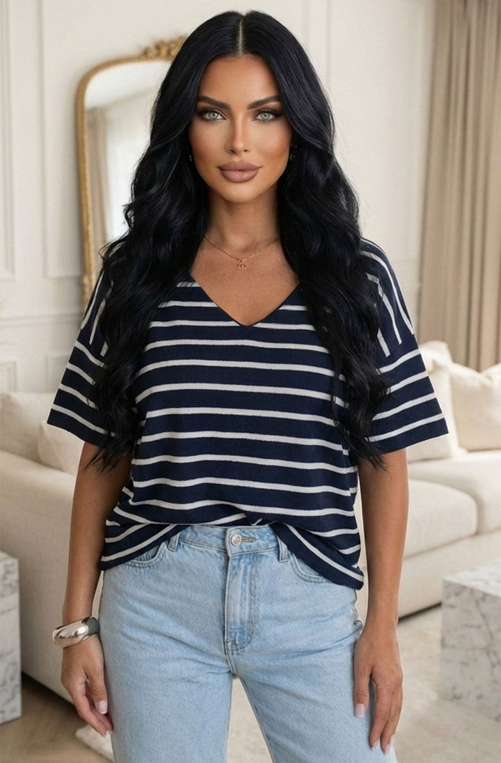 Trinie Lightweight Stripe V-Neck Short Sleeve Knitted Top-Navy