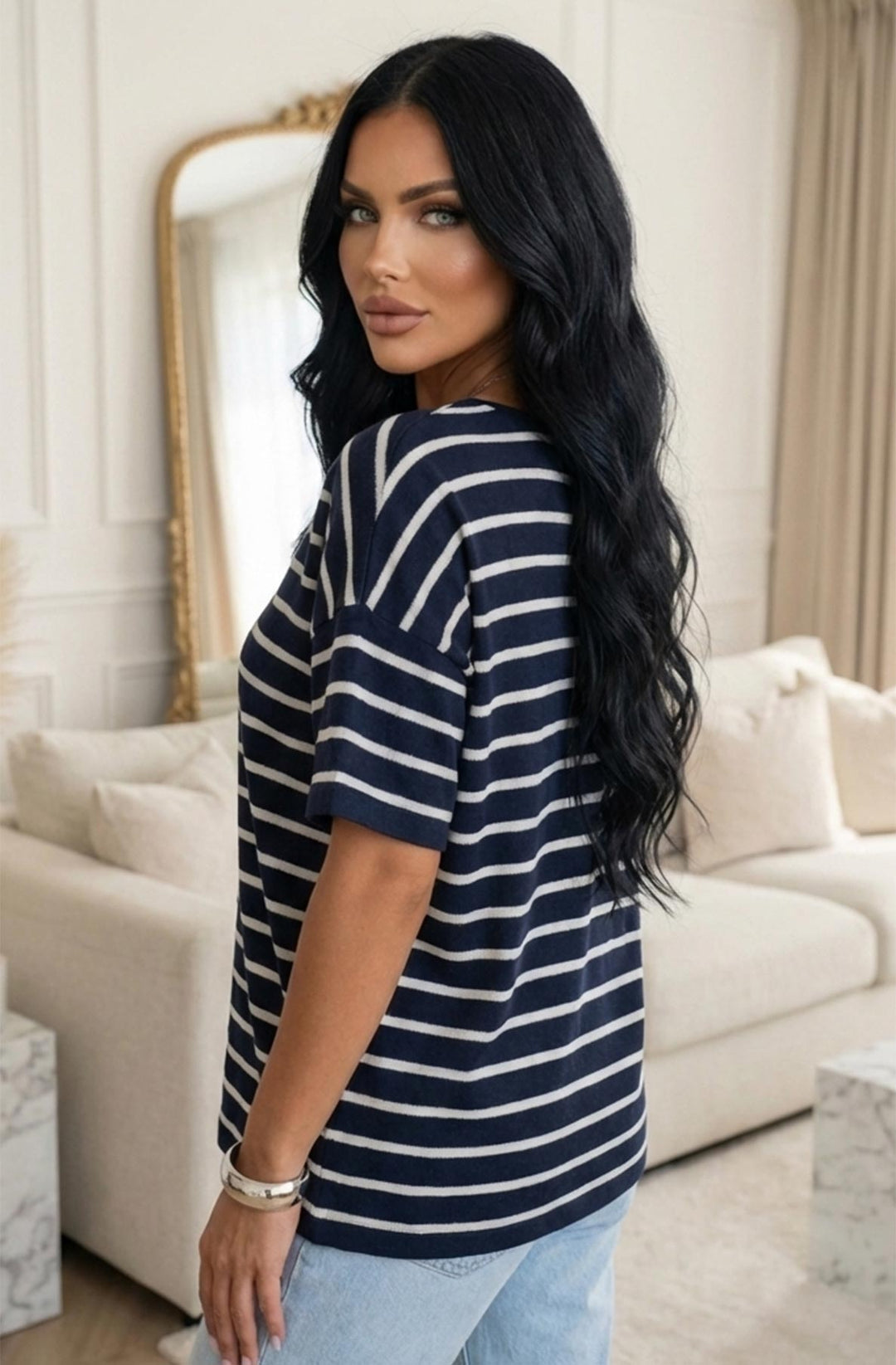 Trinie Lightweight Stripe V-Neck Short Sleeve Knitted Top-Navy