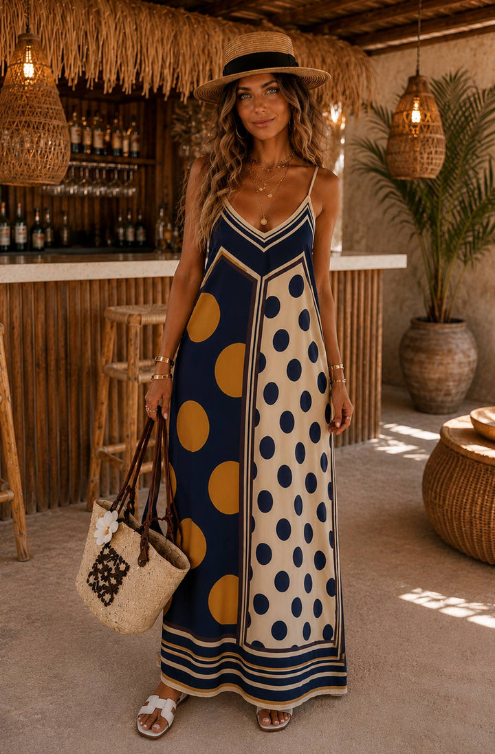 Valencia Contrast Polka Dot Satin V-Neck Cami Maxi Dress-Navy