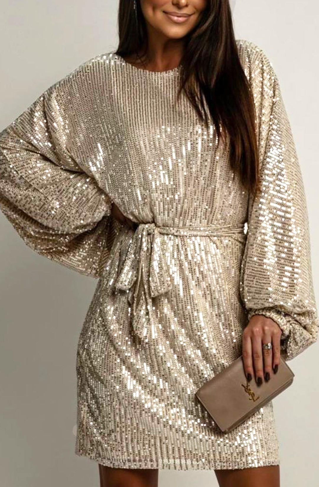 Verenna Sequin Batwing Belted Mini Dress-Gold