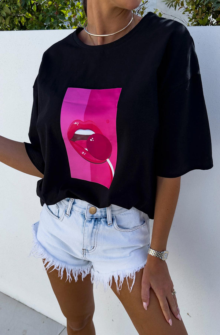 Viva Oversized Graphic Printed Padded T- Shirt Top-Black