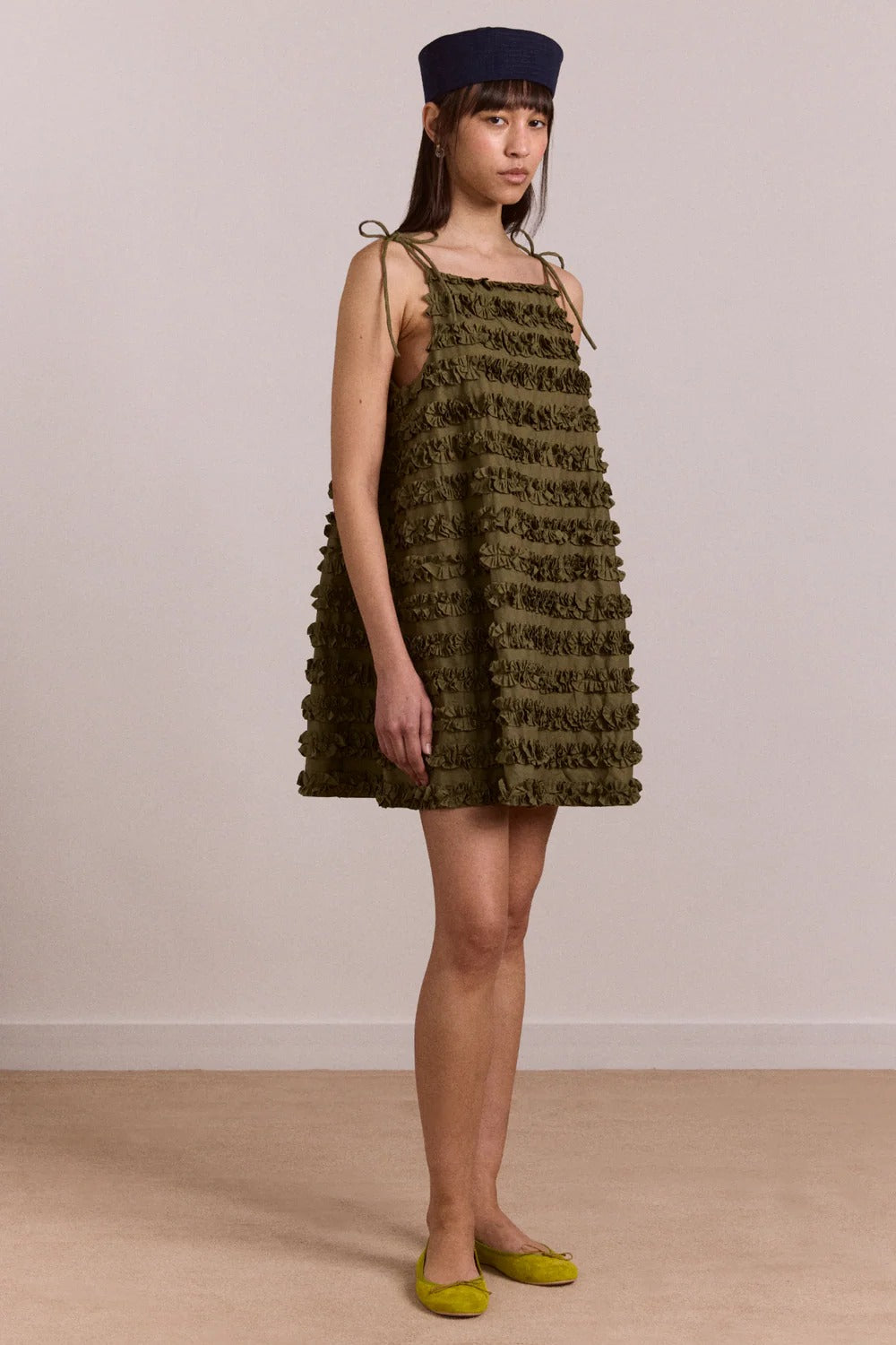 Damson Madder Leili Ruffle Olive Green Dress