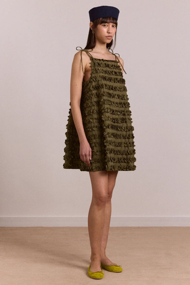 Damson Madder Leili Ruffle Olive Green Dress
