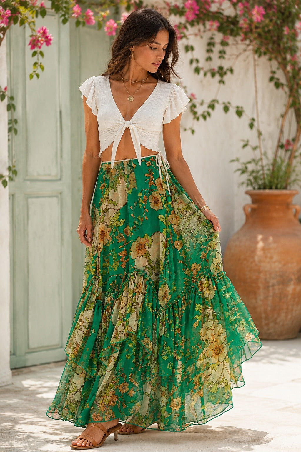Free People Palermo Villa Green Maxi Skirt