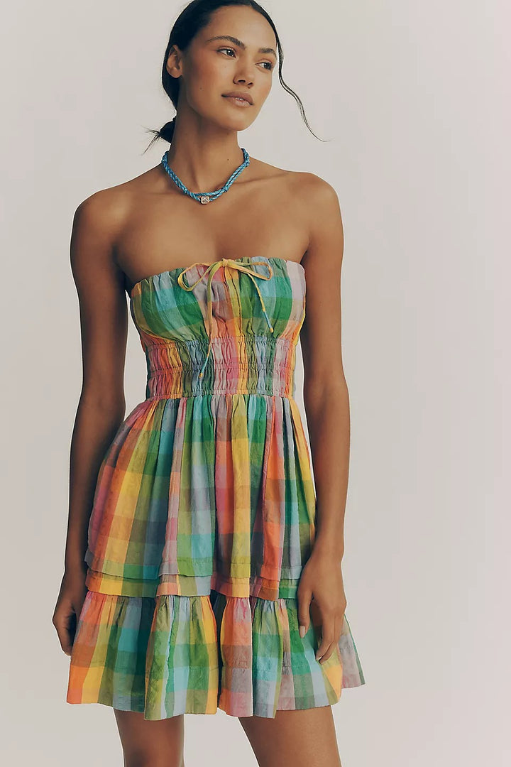 Anthropologie Somerset Strapless Mini Boho Gingham Cotton Dress