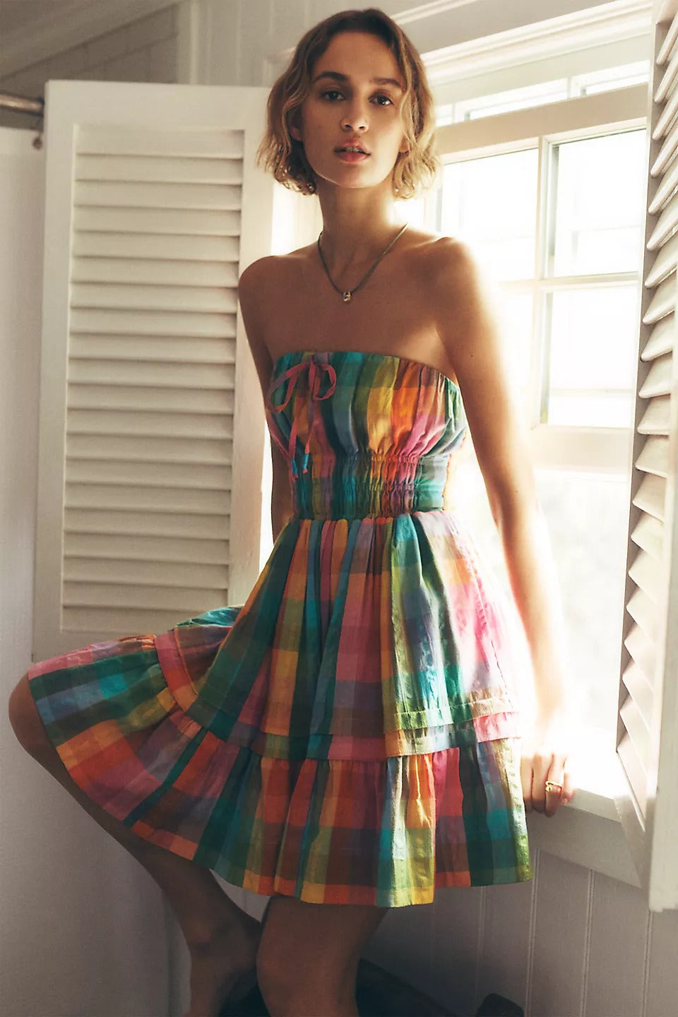 Anthropologie Somerset Strapless Mini Boho Gingham Cotton Dress