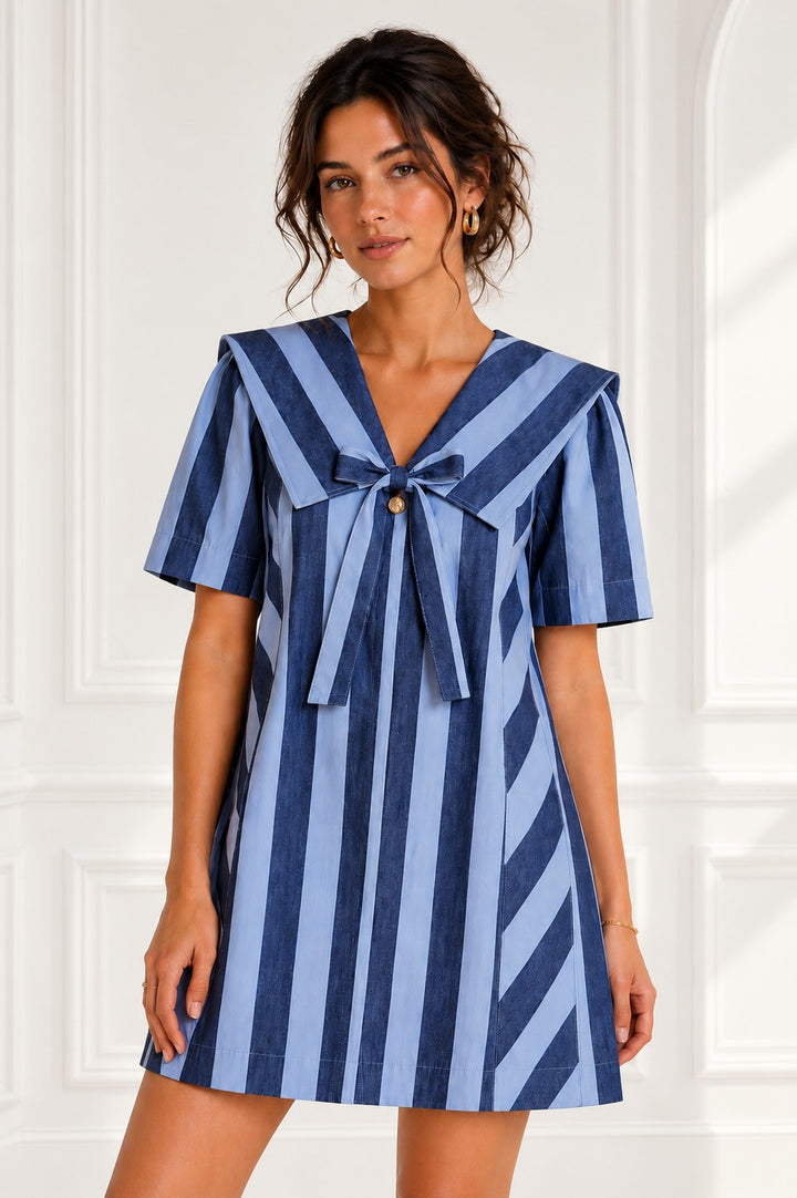 Damson Madder Goldie Mini Cotton Dress in Blue Stripes
