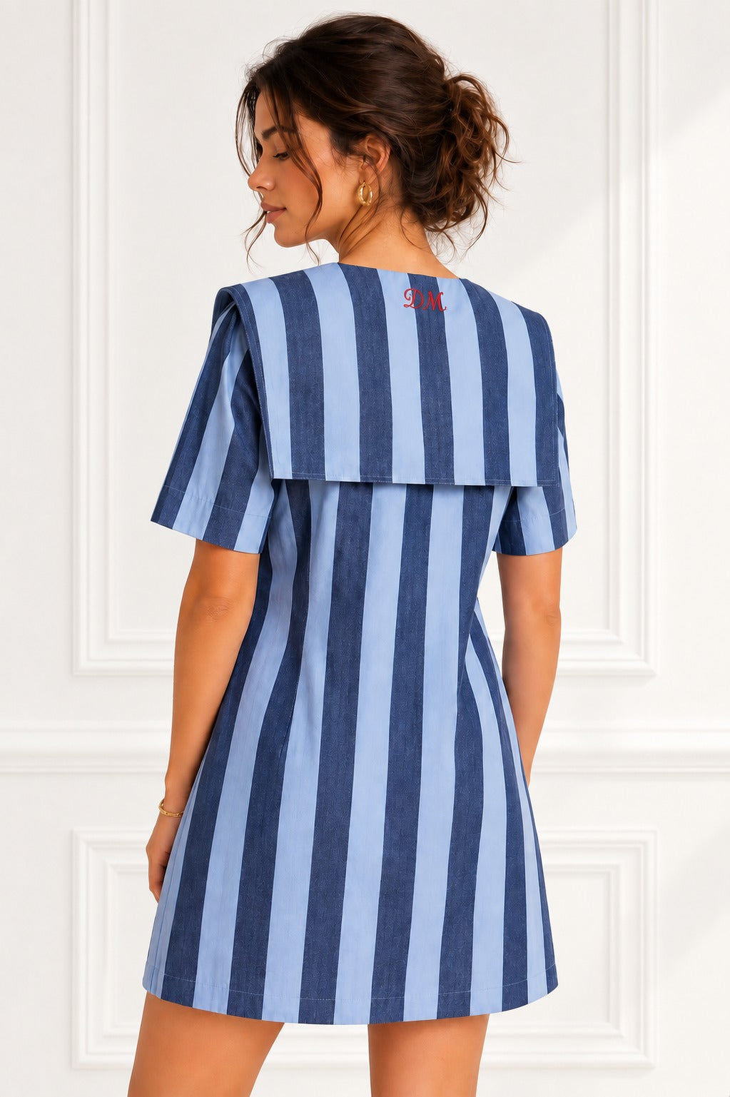Damson Madder Goldie Mini Cotton Dress in Blue Stripes