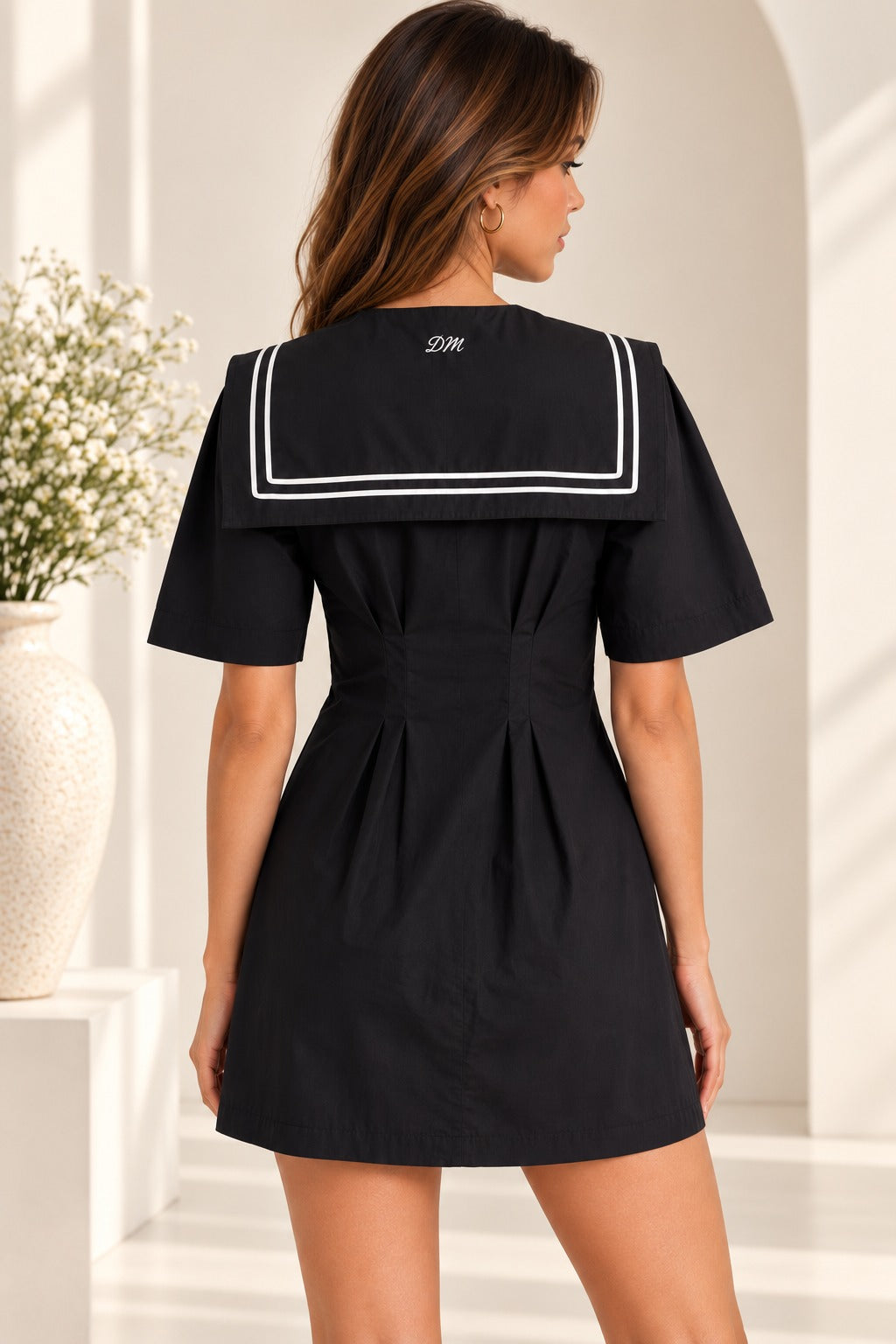 Damson Madder Peppy Sailor Mini Cotton Dress Black