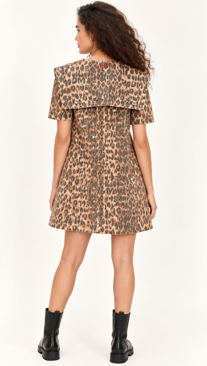 Damson Madder Goldie Denim Cotton Mini Dress in Leopard Animal Print