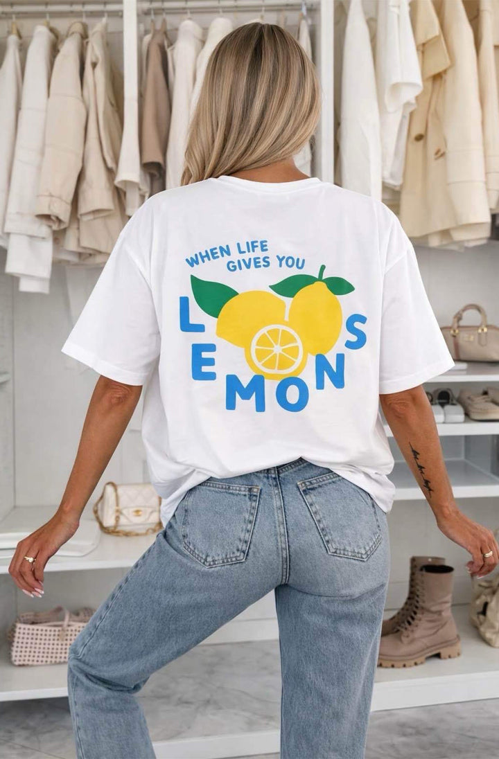 ‘When Life Gives You Lemons’ 🍋 Oversized Front & Back Graphic Print T-Shirt-Ivory