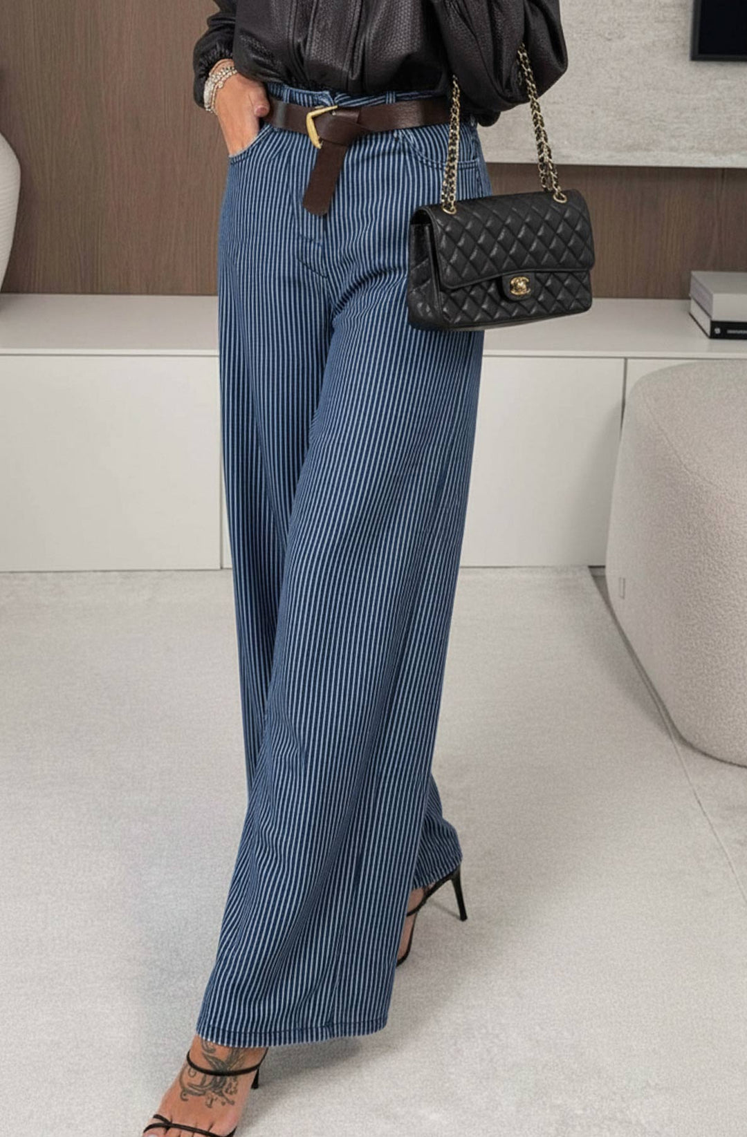 Yerin Striped High Waisted Belted Pocket Palazzo Trousers-Navy