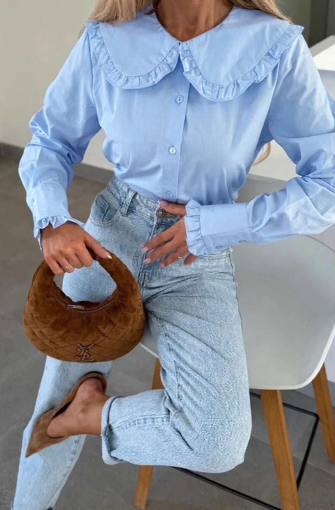 Yoko Frill Collar Long Sleeve Button-Up Shirt Top-Blue