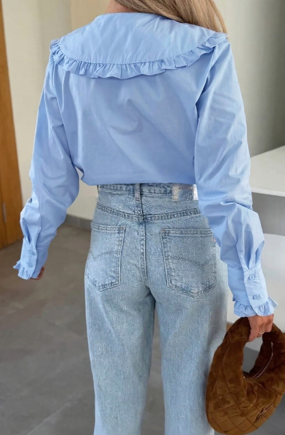 Yoko Frill Collar Long Sleeve Button-Up Shirt Top-Blue