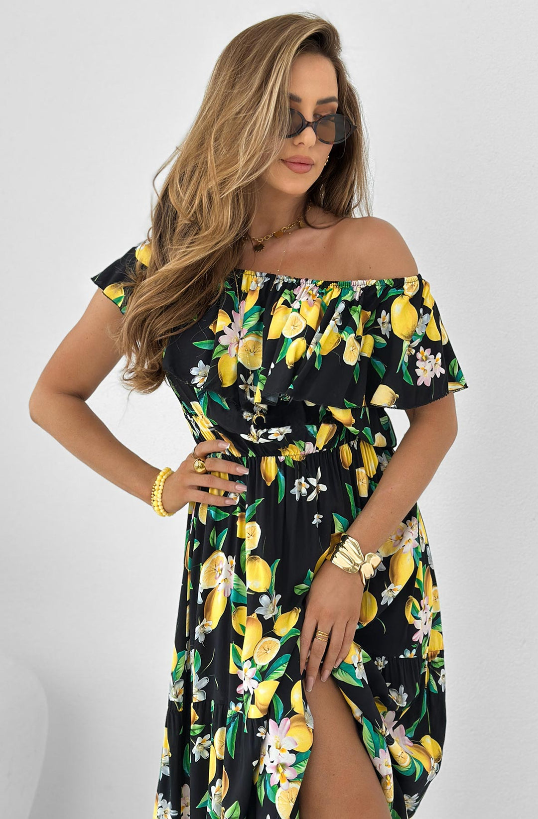 Yuna Lemon Print Frill Overlay Maxi Dress-Black