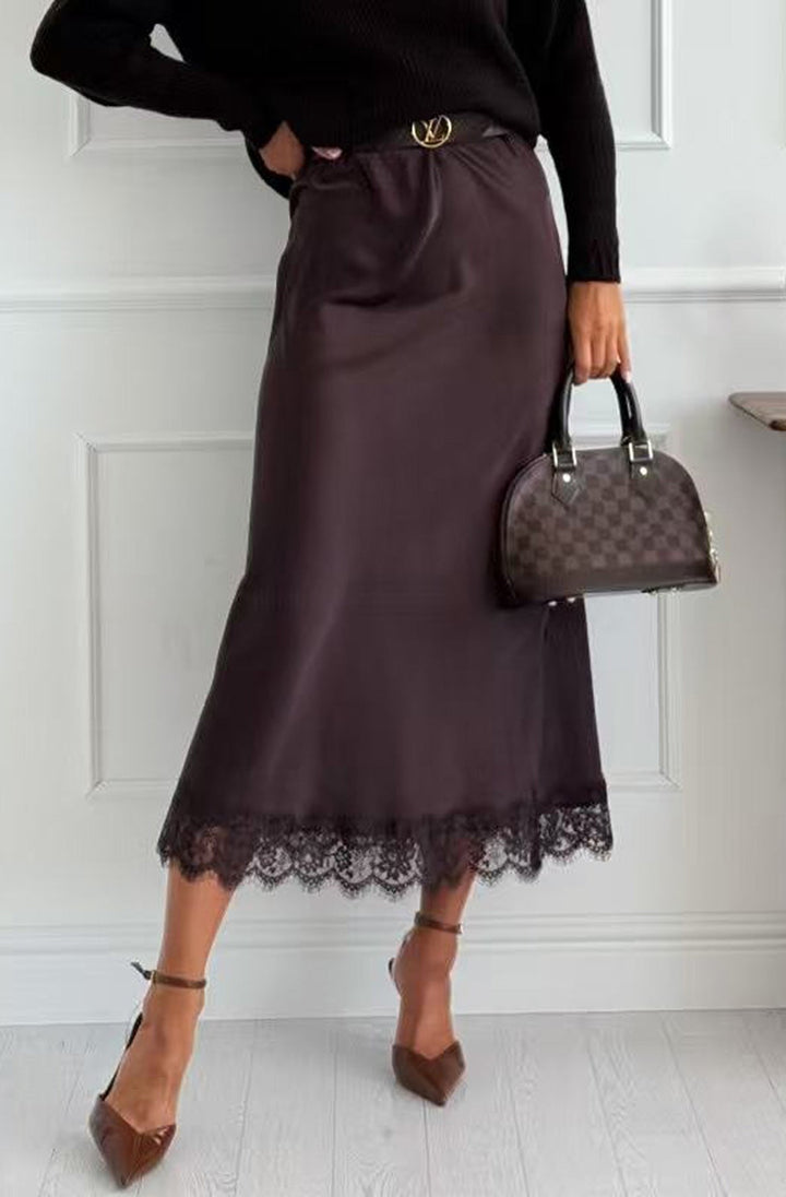 Zabrina Satin Lace Trim Midi Skirt