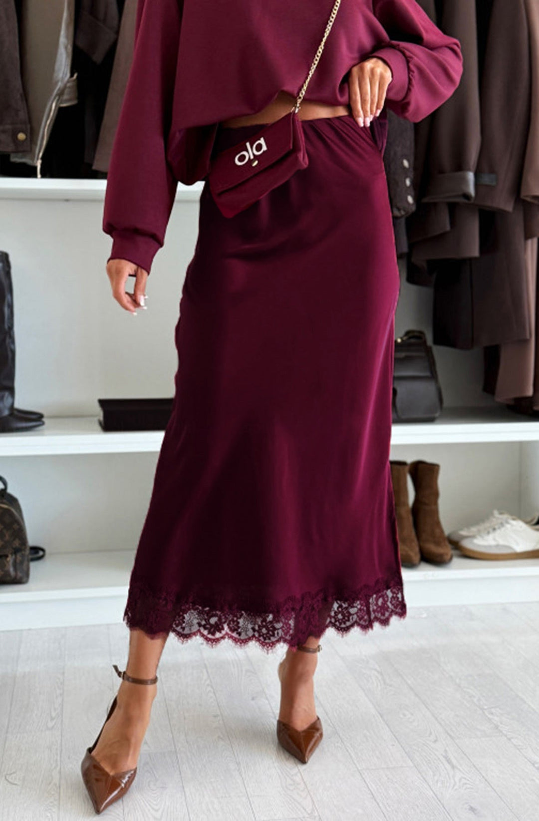 Zabrina Satin Lace Trim Midi Skirt
