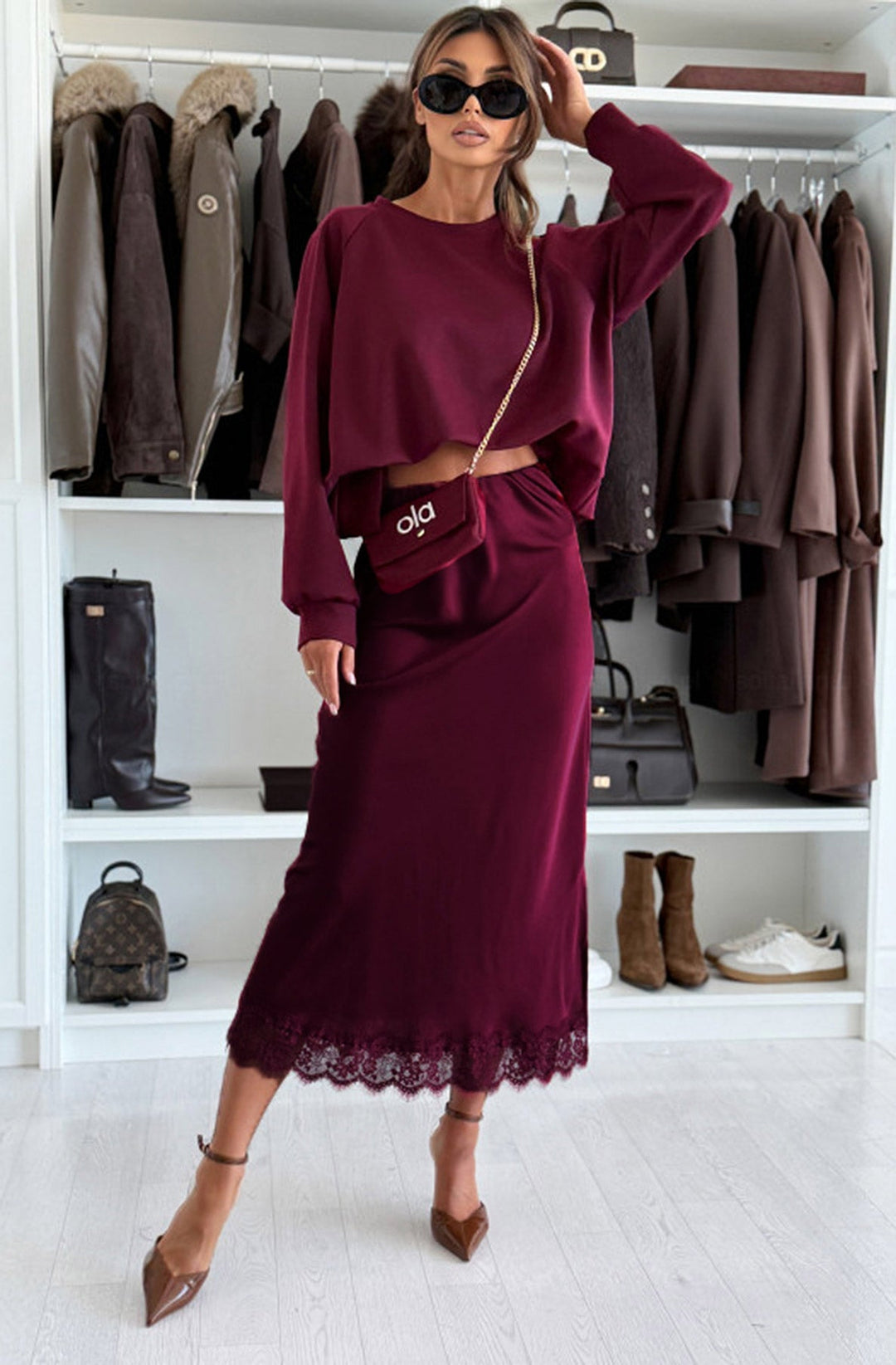 Zabrina Satin Lace Trim Midi Skirt