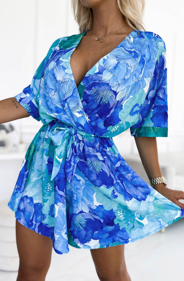 Zanita Floral Print Wrap Short Mini Dress-Blue