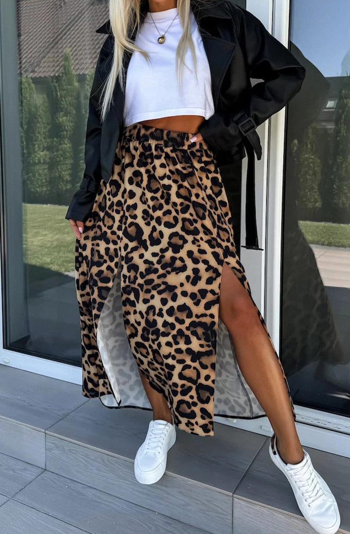 Zelda Leopard Print Side Slit Midaxi Skirt-Brown