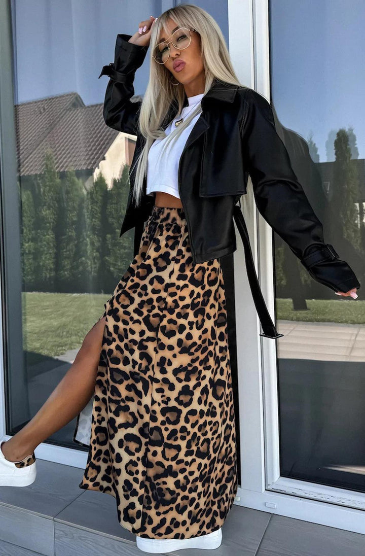 Zelda Leopard Print Side Slit Midaxi Skirt-Brown