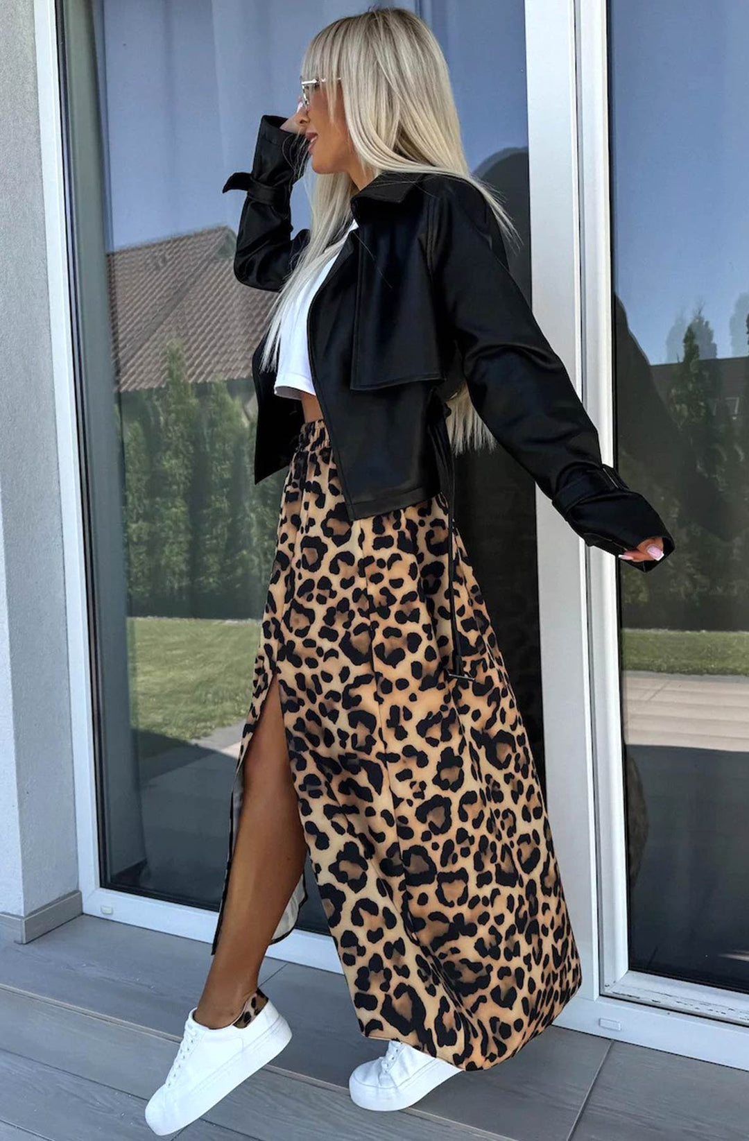 Zelda Leopard Print Side Slit Midaxi Skirt-Brown