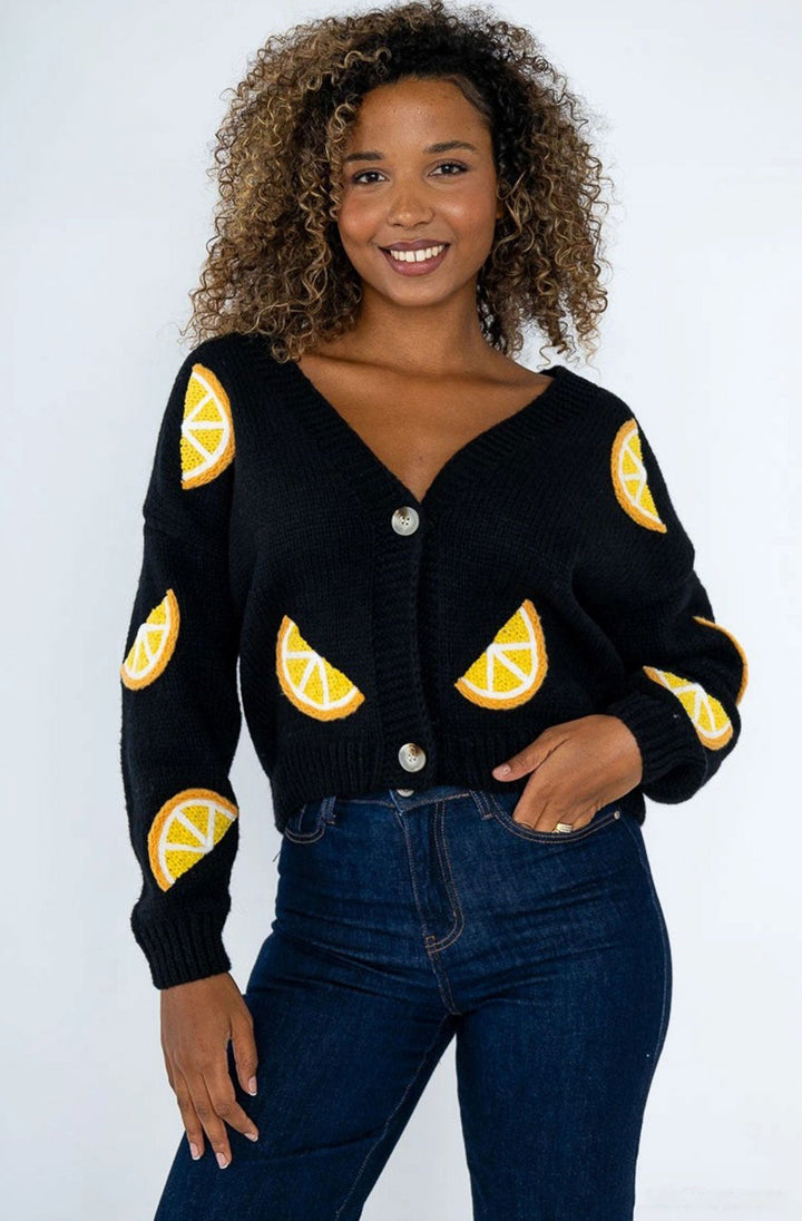 Zelia 'Half Lemon' Applique Embroidered Knitted Cardigan-Black