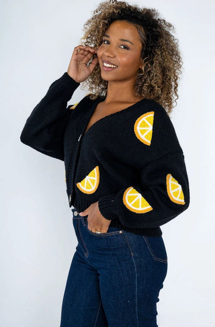 Zelia 'Half Lemon' Applique Embroidered Knitted Cardigan-Black