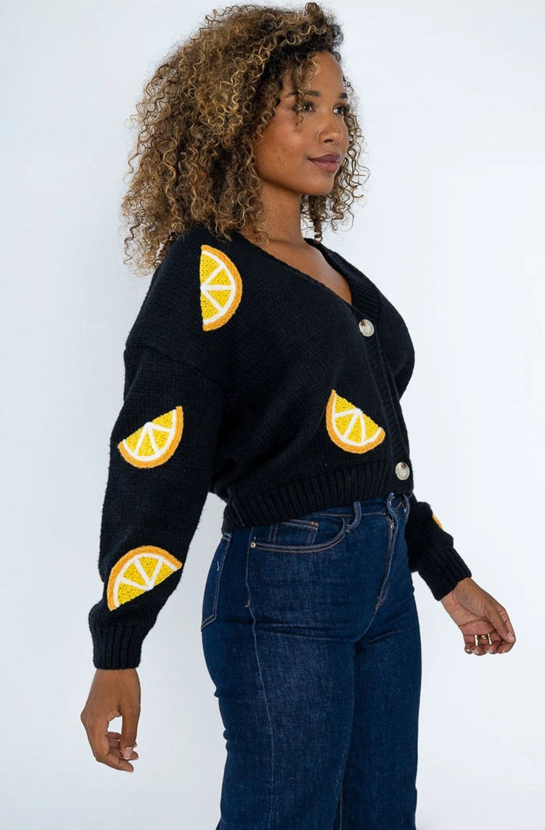 Zelia 'Half Lemon' Applique Embroidered Knitted Cardigan-Black