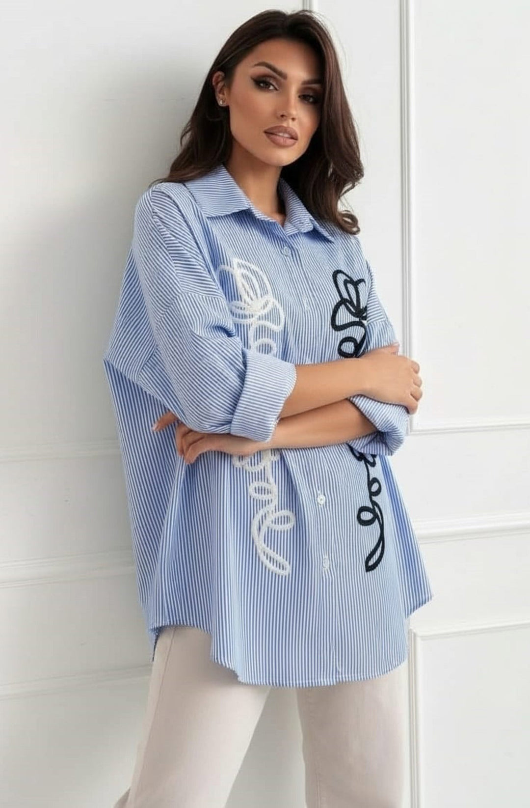 Zella Oversized Abstract Embroidered Stripe High Low Shirt Top- Light Blue