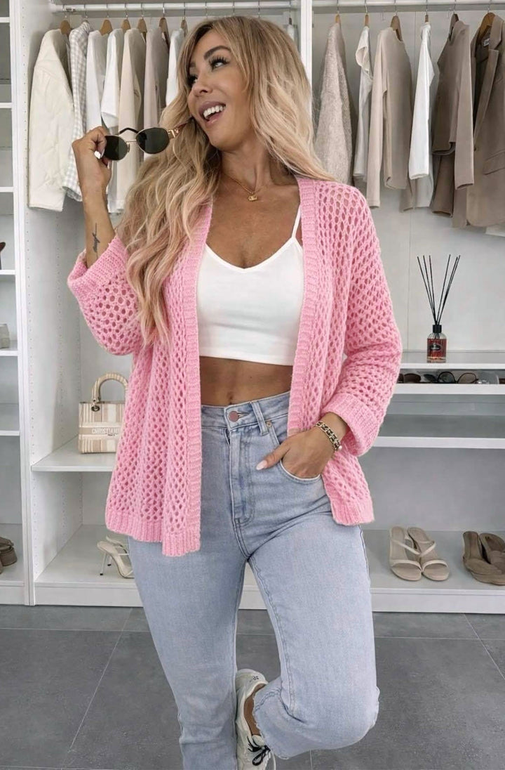 Zora Loose Open Knit Lightweight Cardigan-Baby Pink