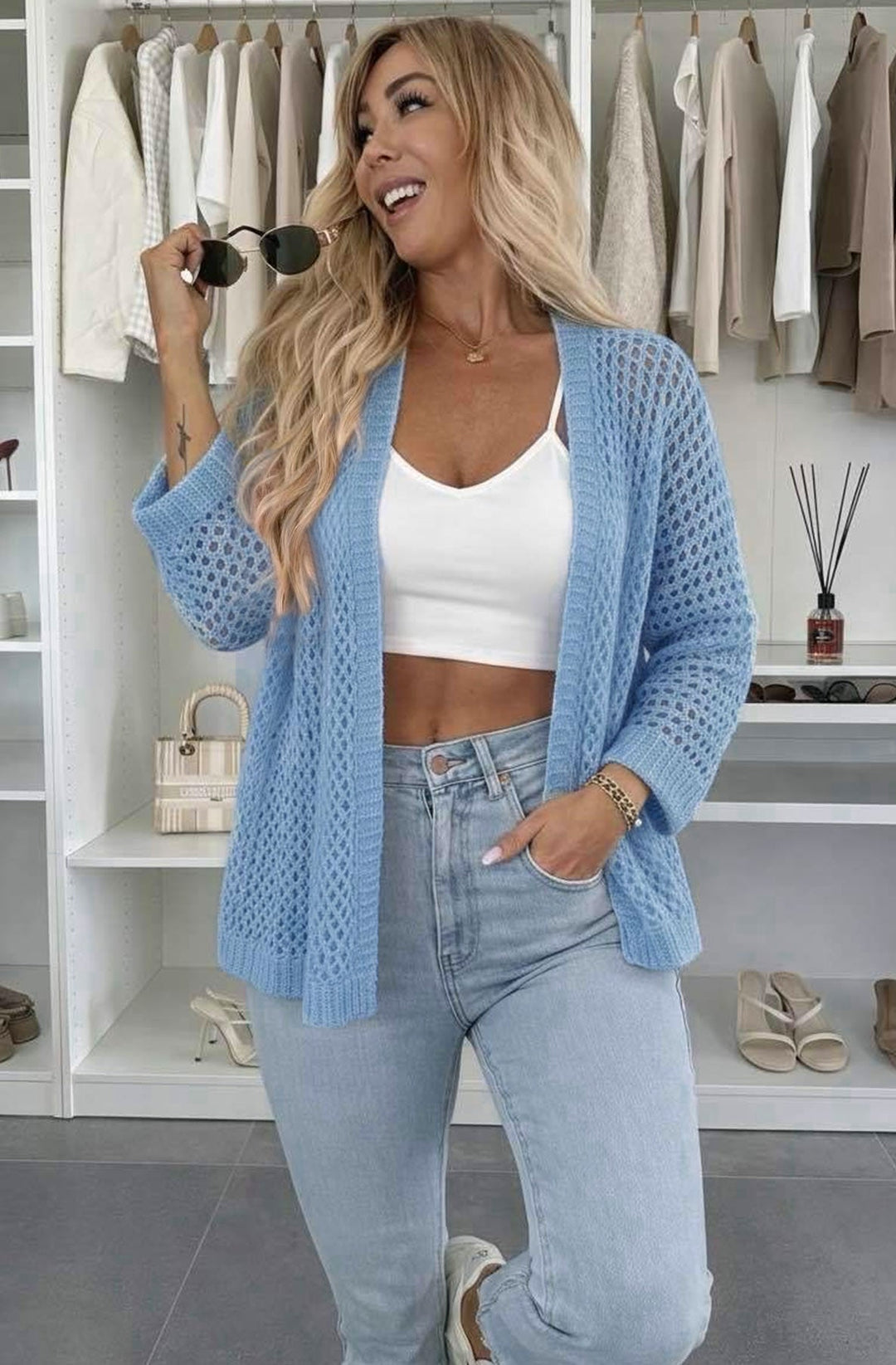 Zora Loose Open Knit Lightweight Cardigan-Blue