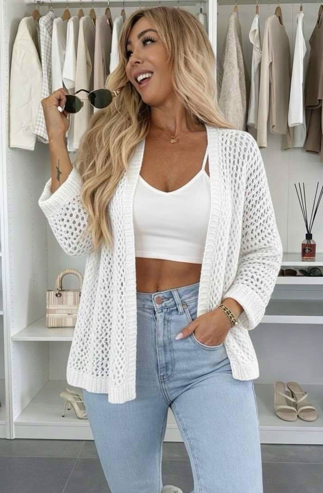 Zora Loose Open Knit Lightweight Cardigan-Ivory