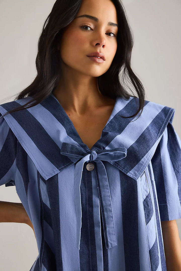 Damson Madder Goldie Mini Dress in Blue Stripes