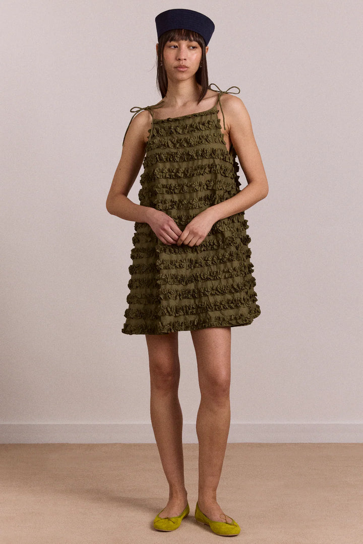 Damson Madder Leili Ruffle Olive Green Dress
