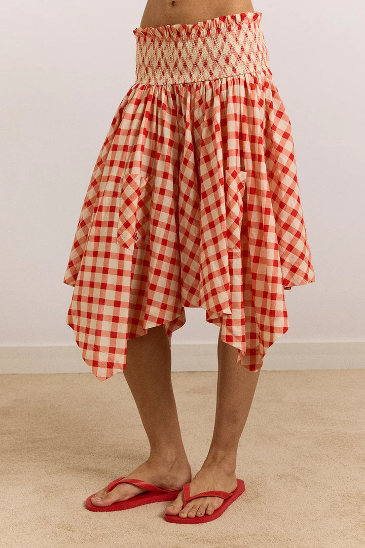 Damson Madder Lilo Hanky Hem Mini Dress Skirt Red Gingham